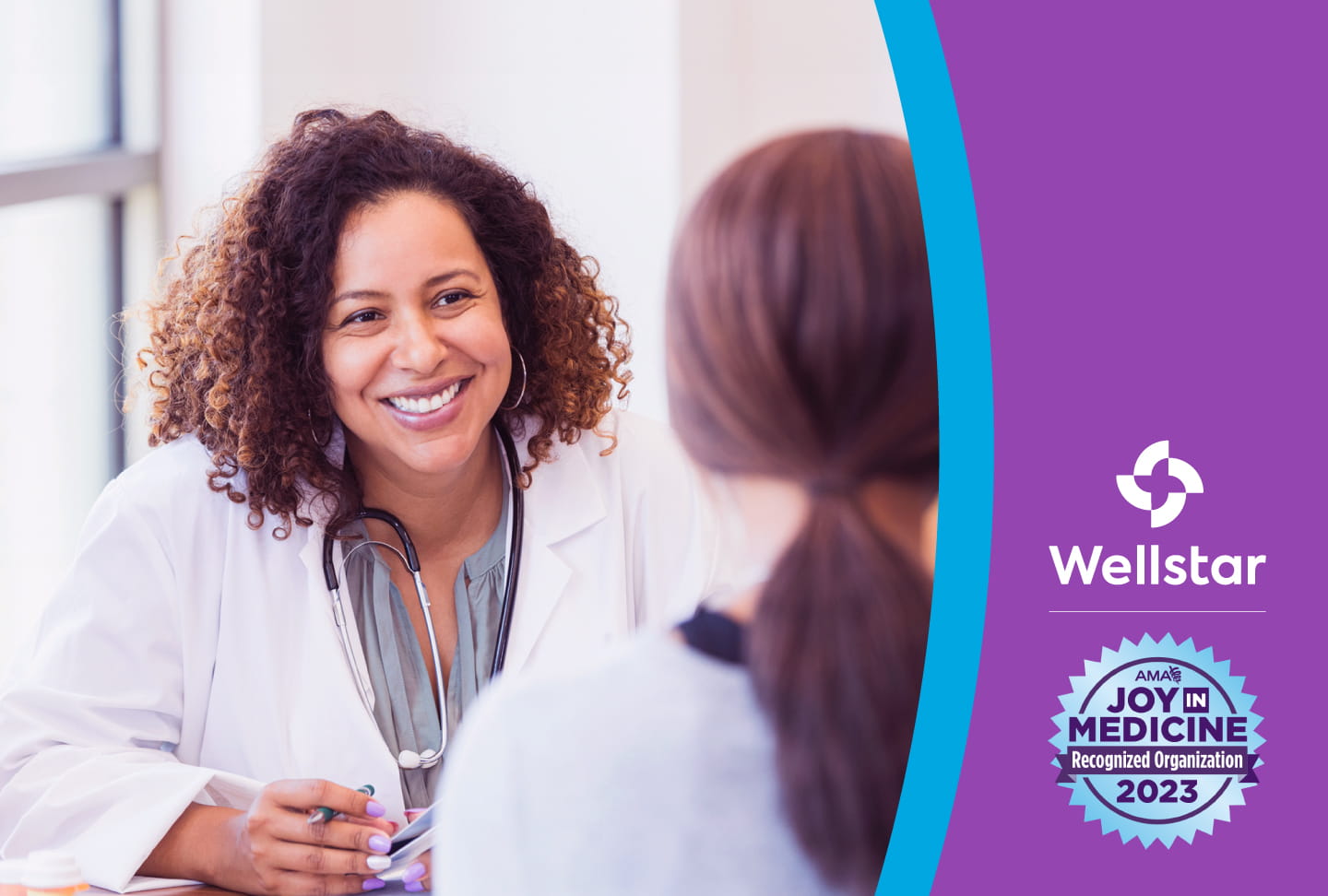 Wellstar Health System Recognized by the American Medical Association for Promoting Well-Being of Healthcare Workers Photo of physician. Wellstar and Joy of Medicine logos.