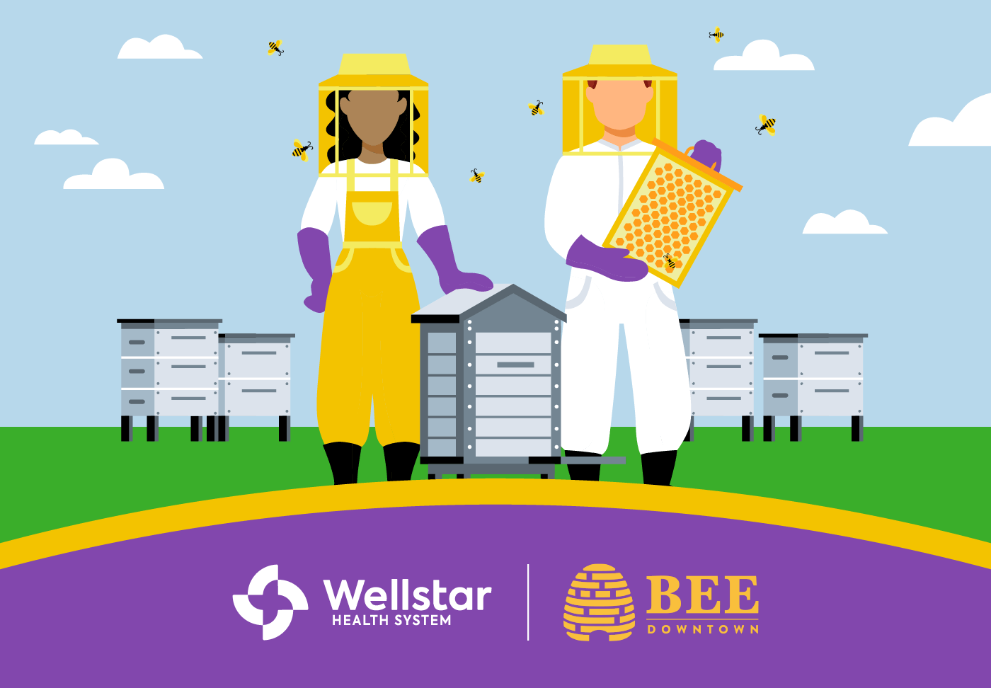 Innovation is Buzzing at Wellstar Vinings Health Park Illustration of two people working at a honeybee farm.