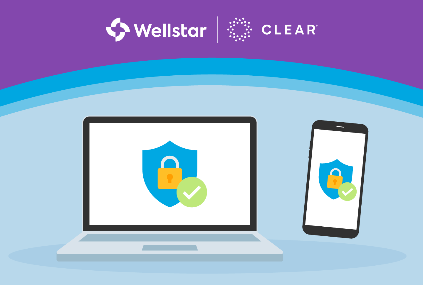 Wellstar Health System Partners with CLEAR to Empower Patients to Take Control of their Health Information & Enhance the Consumer Experience Illustration of a computer and phone with easy verification.