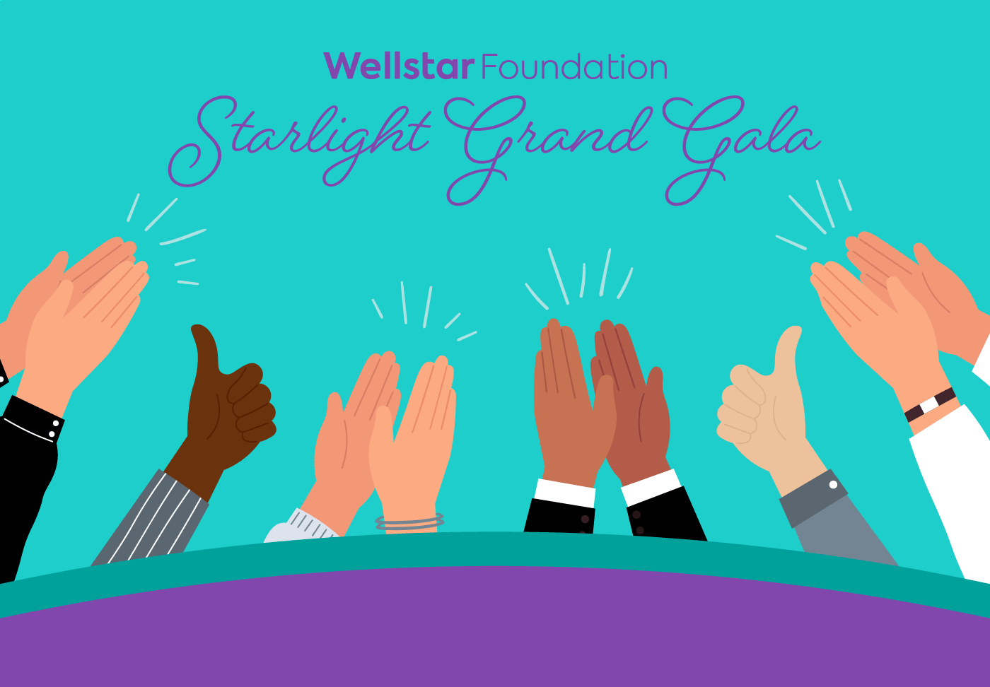 Wellstar Foundation Gala Raises Nearly $1 Million for Behavioral Health Services Illustration of hands clapping and giving thumbs up. Text reads "Wellstar Foundation Starlight Grand Gala"