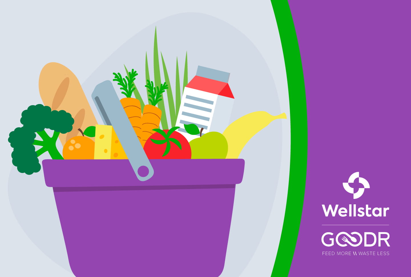 Illustration of basket of groceries. Wellstar and Goodr logos