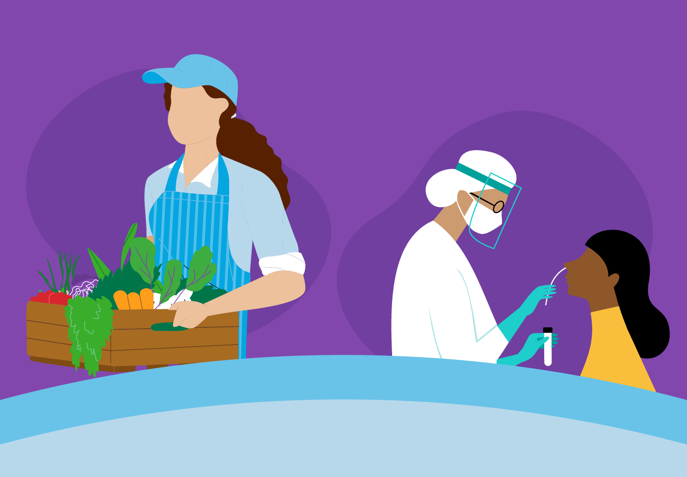 Wellstar Addresses Persistent Health Inequities Illustration of someone with box of groceries, provider giving COVID-19 test
