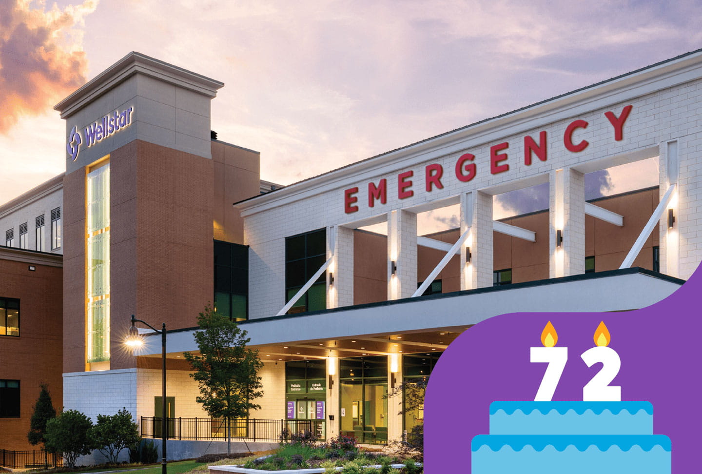 Wellstar Kennestone Regional Medical Center Celebrates 72 Years of Service to the Community as it Prepares to Expand Care Exterior photo of Wellstar Kennestone Regional Medical Center, birthday candles reading 72
