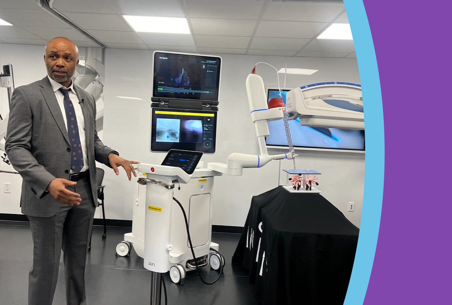 Wellstar Experts Demonstrate the Latest Robotic Technologies Used in Lung Cancer Care Dr. Timothy Udoji, Wellstar interventional pulmonologist, explains how the Ion bronchoscopy works and how to safely conduct the procedure.