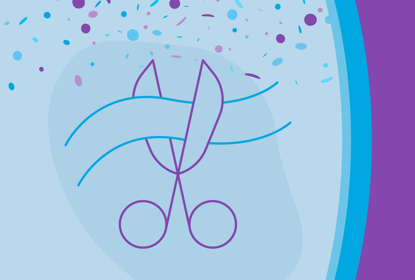 Illustration of scissors cutting ribbon, confetti