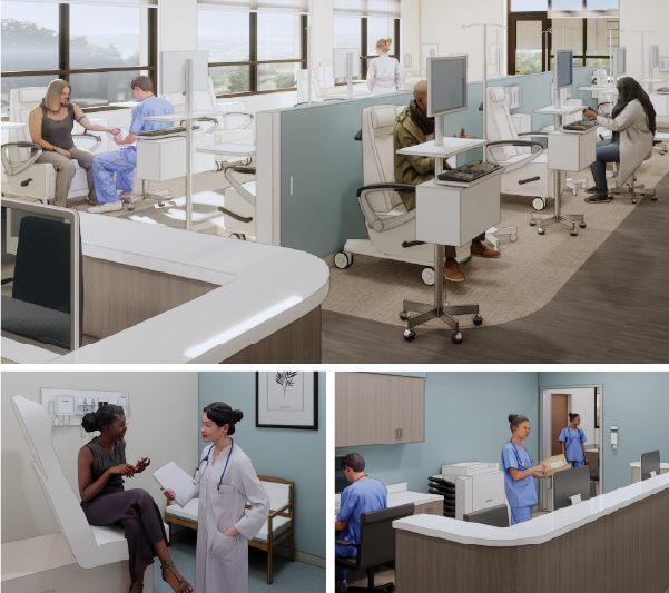 Shows people interacting inside a medical practice