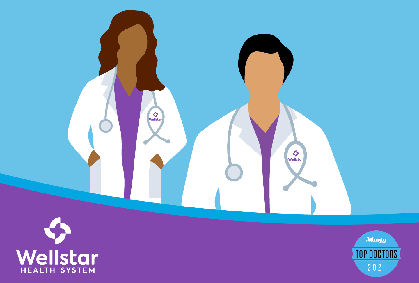 Wellstar Physicians Named as “Top Doctors” in Atlanta Magazine’s 2021 List Illustration of two physicians with Wellstar and Top Doctors logos