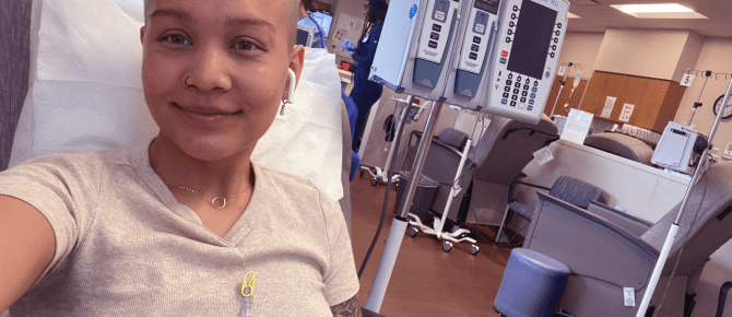 At 26, Maria receives chemotherapy as part of her breast cancer treatment plan, determined to complete her interior design degree on time.