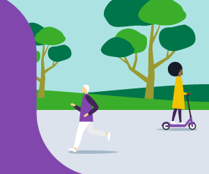 Illustration of man jogging and a woman on a scooter.