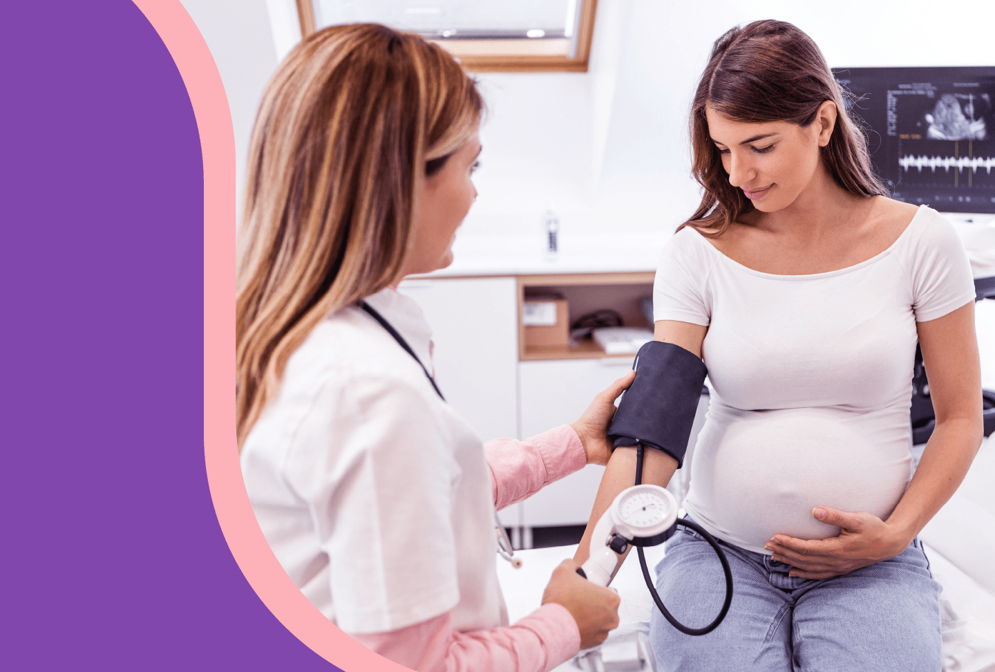 A pregnant woman's healthcare provider checks her blood pressure.