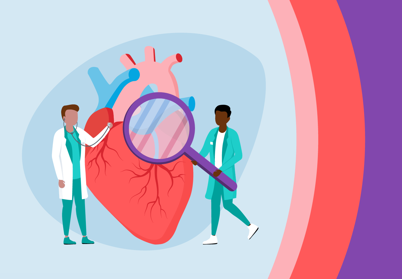 Finding better ways to fight heart disease and accelerate cardiac care progress Illustration of physicians holding stethoscope and magnifying glass.