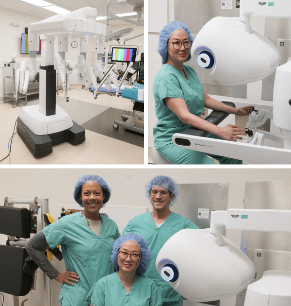 Collage of physicians in their operating room with robotic equipment