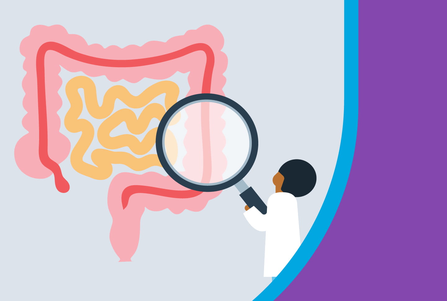 Wellstar Offers Advanced Colorectal Cancer Care Close to Home Illustration of provider looking at colon with magnifying glass