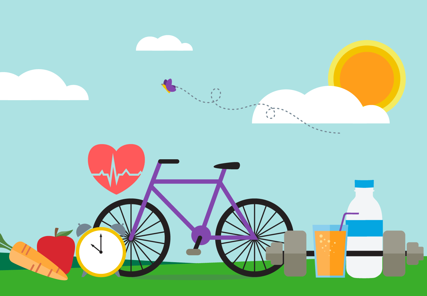 5 Habits to Become the Healthiest You Illustration of a purple bike surrounded by healthy symbols, including an apple, carrot, clock and weight.