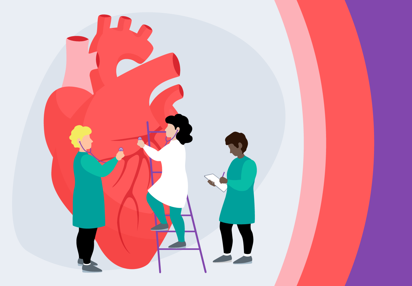 Advanced Heart Care Close to Home Illustration of cardiovascular experts repairing a heart together.