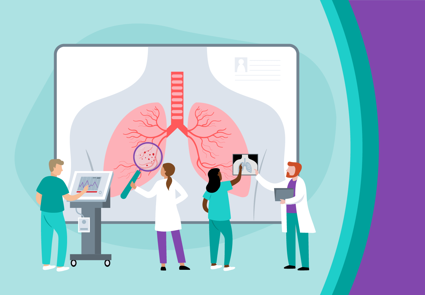How research and faster time to treatment are progressing cancer care Illustration of physicians reviewing lung cancer image on a screen