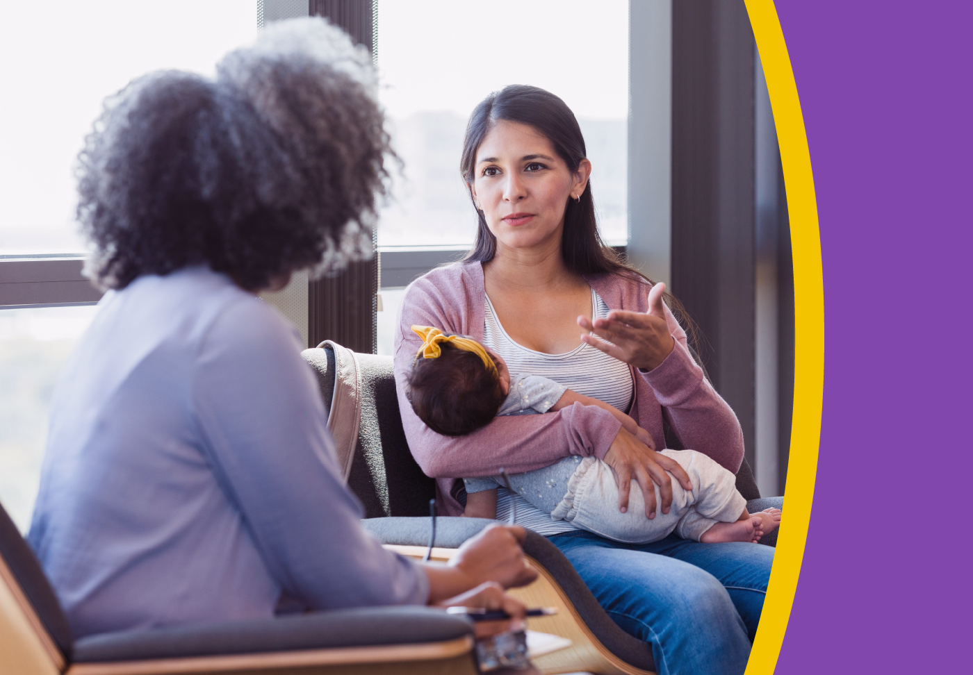 Let’s Talk About Mom’s Mental Health Person holding baby sitting and speaking with another person