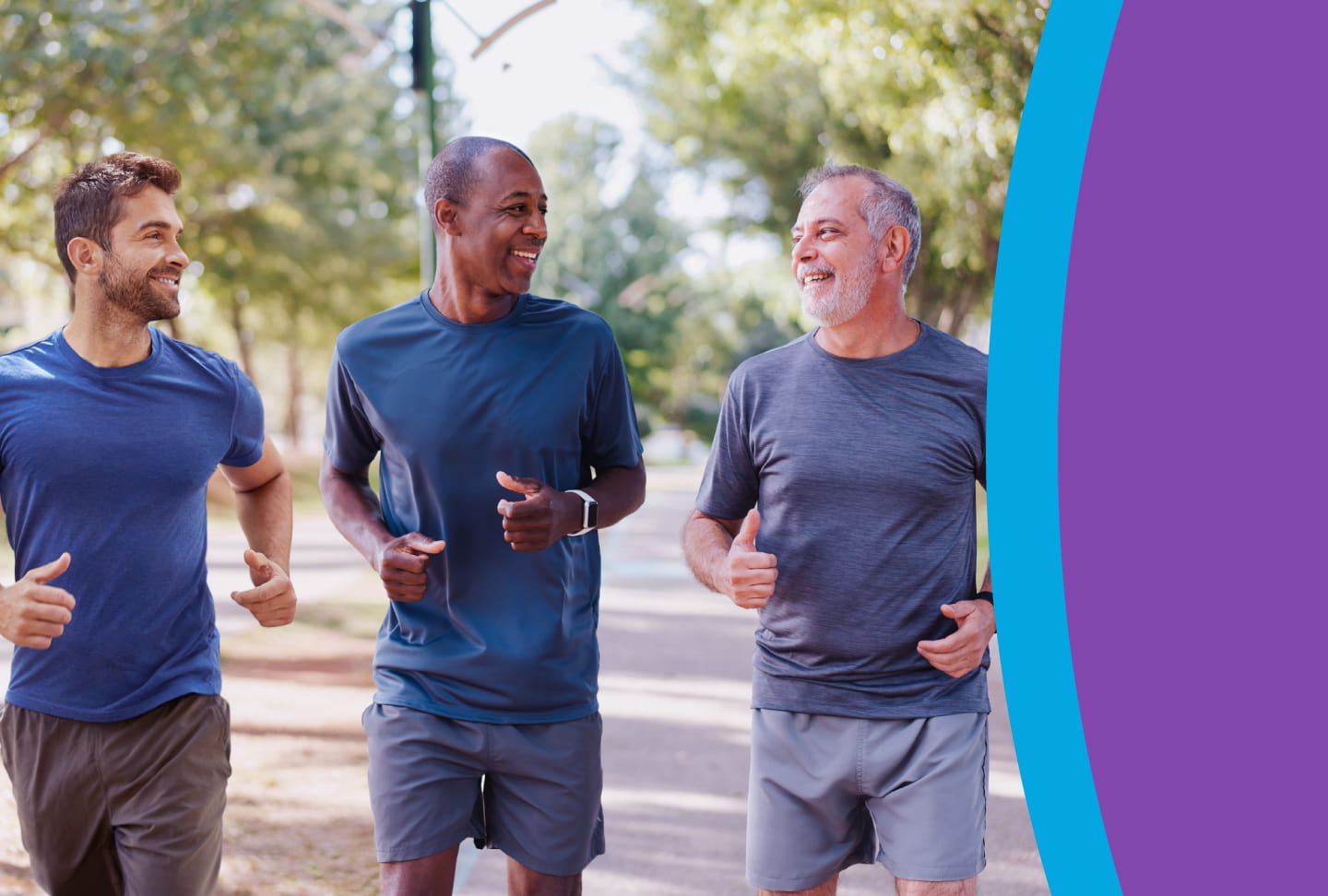 Group of men of different ages jogging.