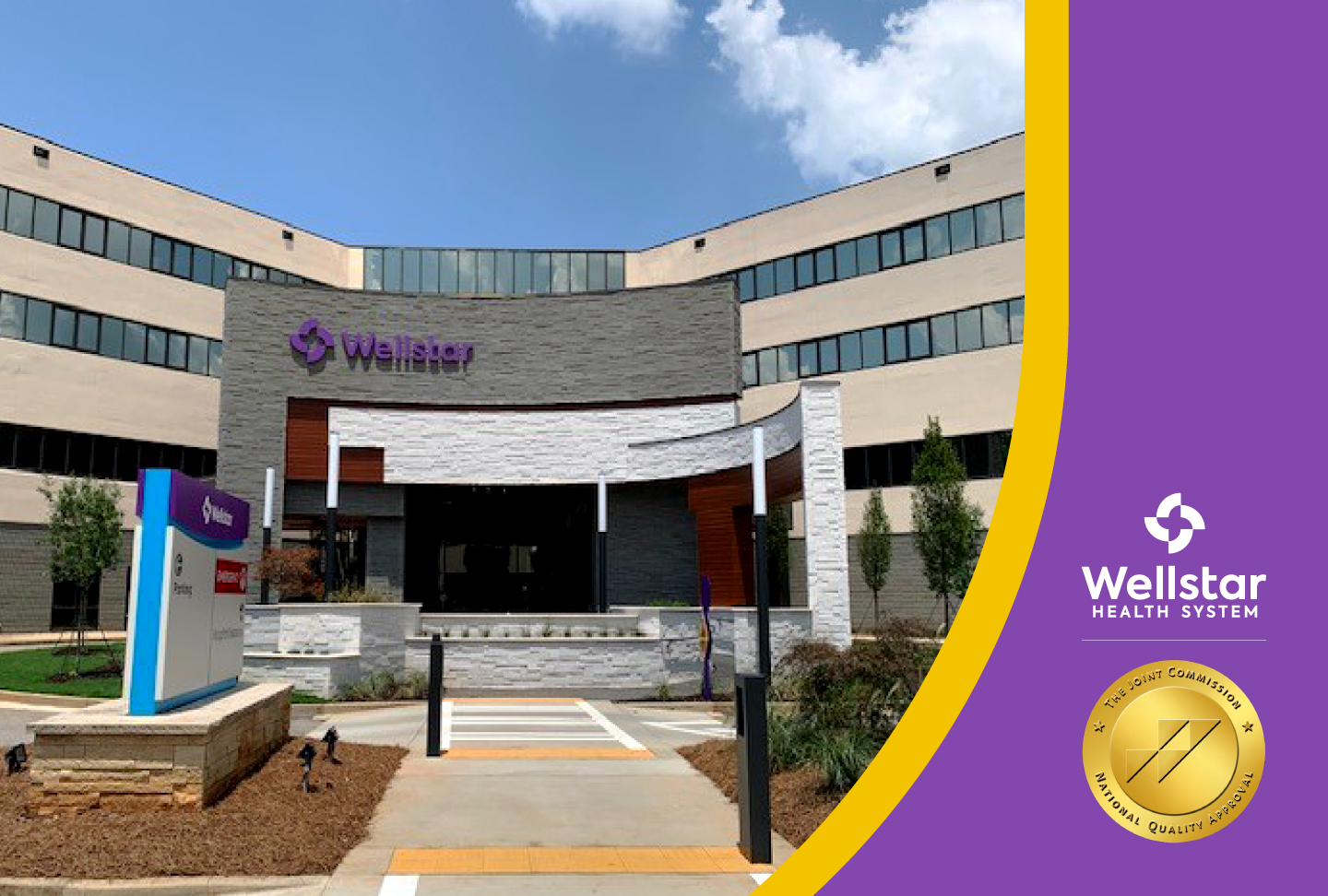 Wellstar North Fulton Medical Center Receives Comprehensive Stroke Center Certification Exterior photo of Wellstar North Fulton Medical Center. Wellstar and Joint Commission logos.