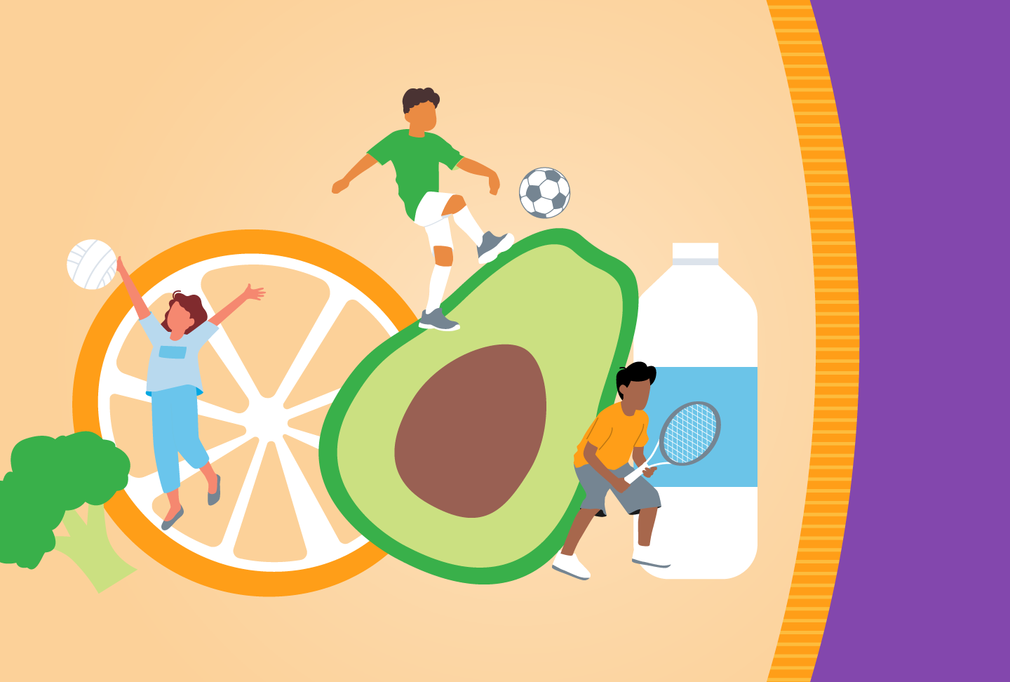 Illustration of children playing sports surrounded by fruits and vegetables, water bottle