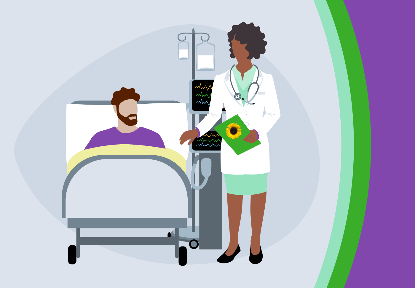 Wellstar Paulding Medical Center Joins Hidden Disabilities Sunflower Network Illustration of provider speaking with patient. Provider holding green card with sunflower logo.