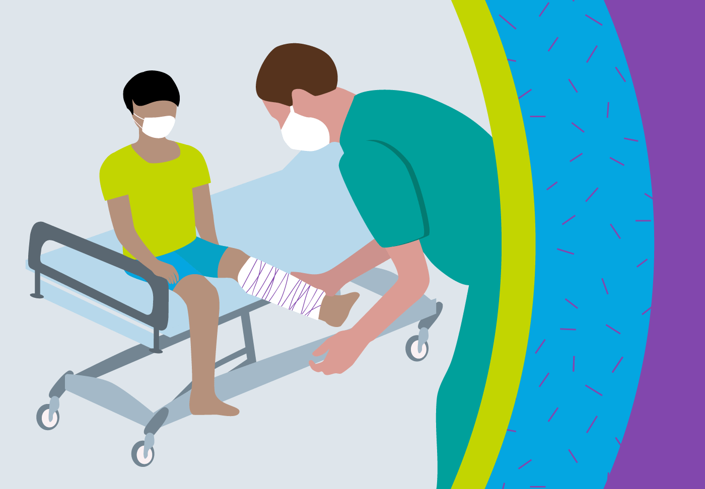 Wellstar Pediatric Emergency Departments Child with a broken leg being cared for by a pediatric specialist.