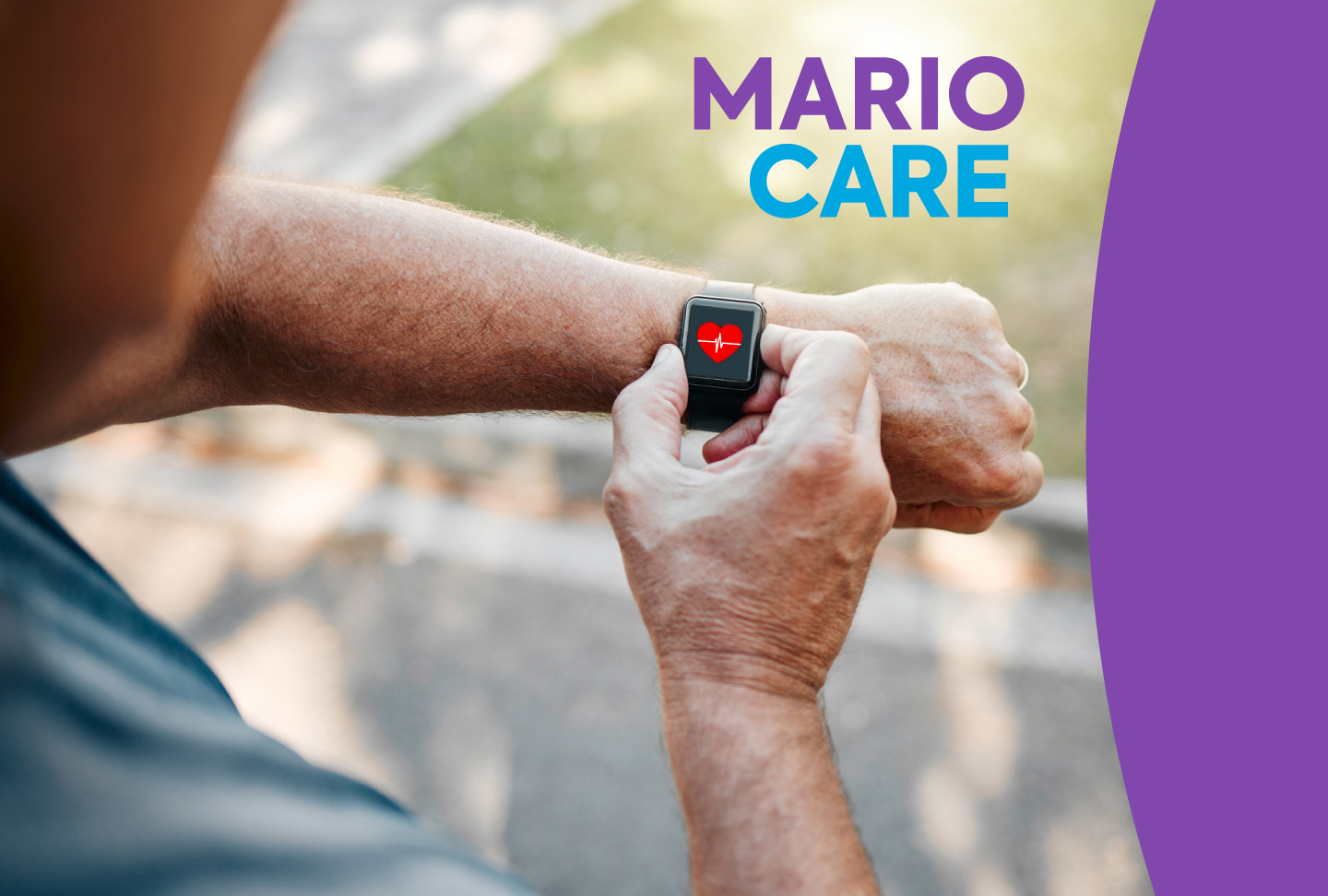 MarioCare Person looking at heart rate on smart watch. Text reads "Mario Care"