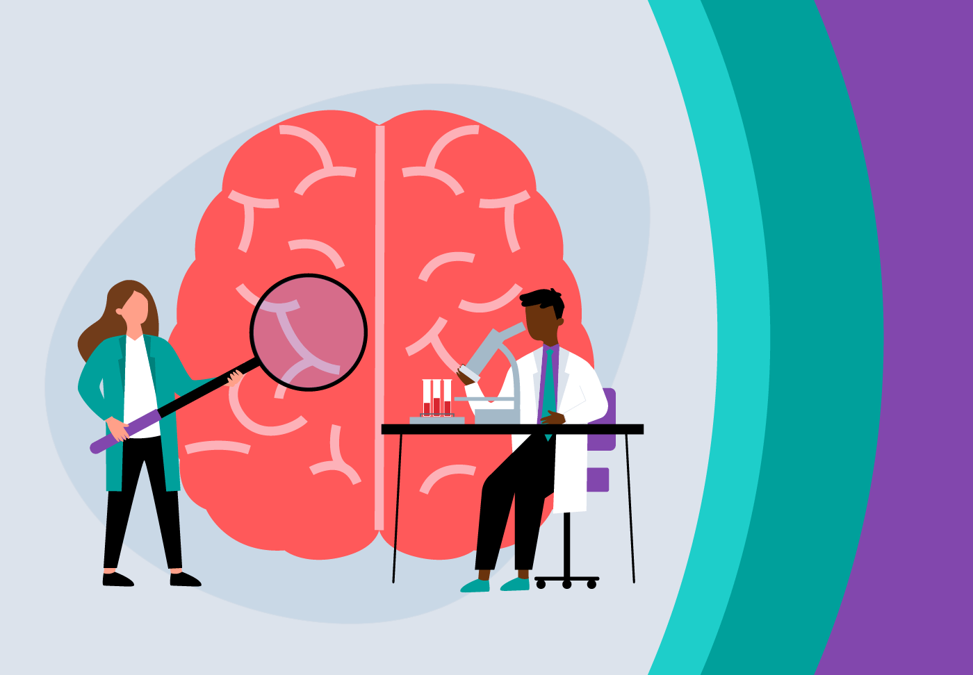 Stroke prevention and the future of stroke care An artistic representation of stroke experts inspecting a brain with a magnifying glass.