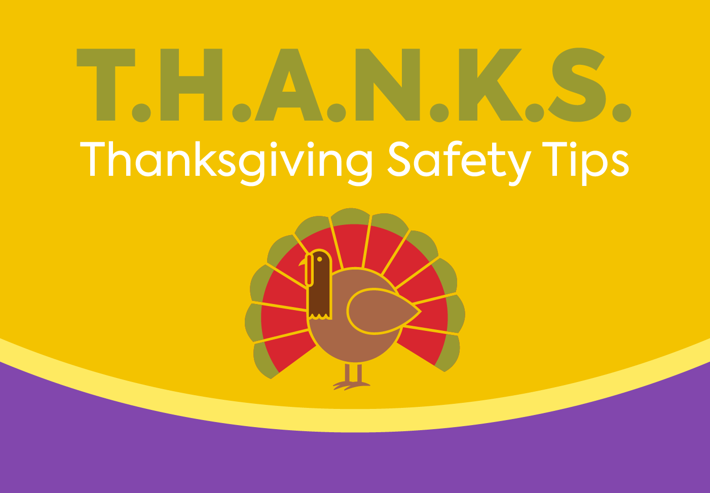 ‘Tis the Time for T.H.A.N.K.S. Again Illustration of a turkey and text T.H.A.N.K.S Thanksgiving Safety Tips.