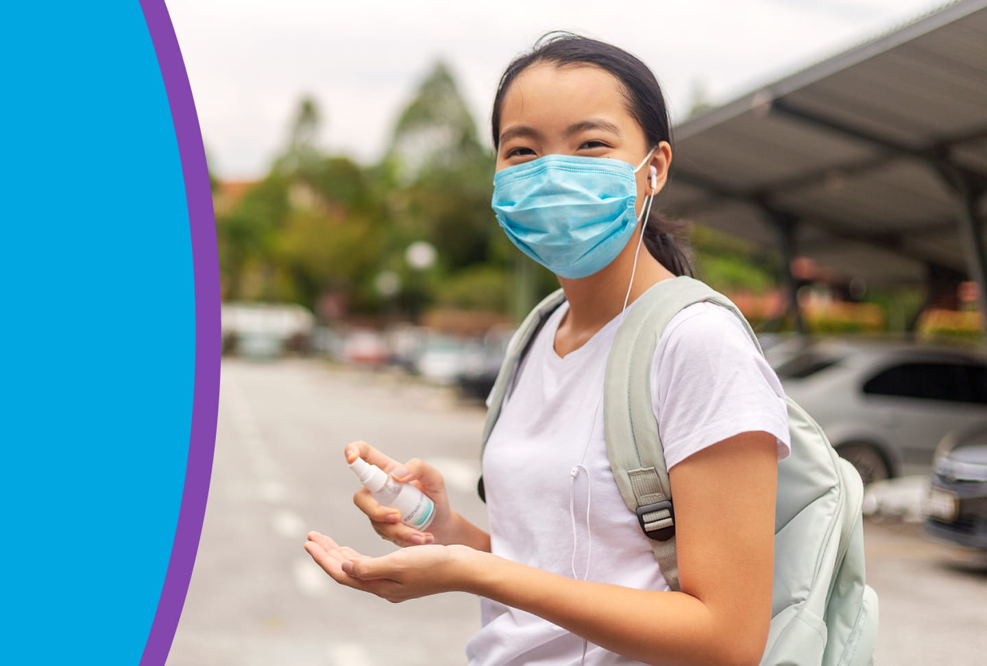 COVID-19: Keeping Young Adults Safe College student wearing mask and using hand sanitizer.