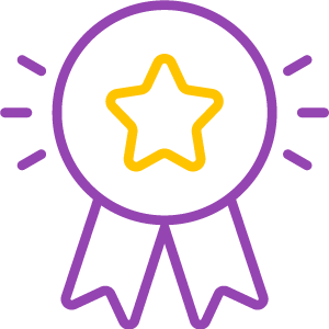 An award ribbon in purple with a yellow star on the button