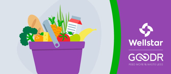 Illustration of basket of groceries. Wellstar and Goodr logos