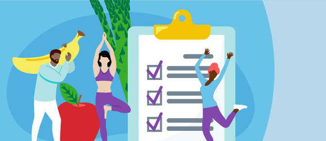 Illustration of fruits and vegetables, people exercising, checklist on clipboard