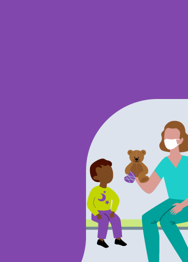 Illustration of a child life specialist sharing information with a young person while holding a teddy bear with a cast on its paw.